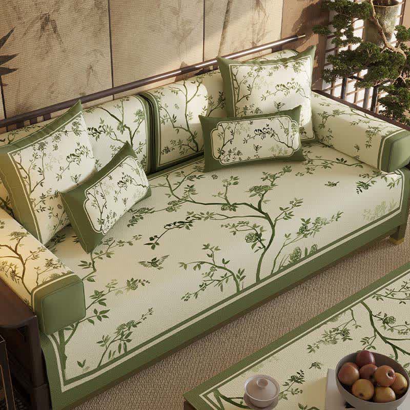 Housse de canapé vintage à motifs de branches vertes et de fleurs - image 1