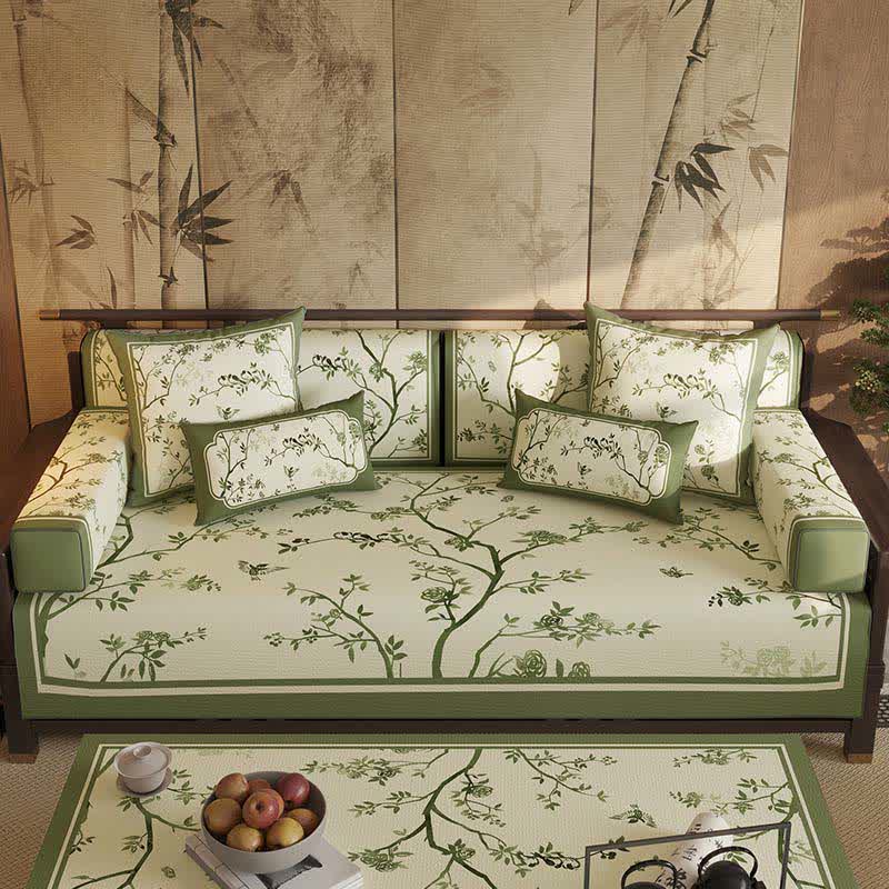 Housse de canapé vintage à motifs de branches vertes et de fleurs - protège-canapé - 110 cm x 280 cm - image 0
