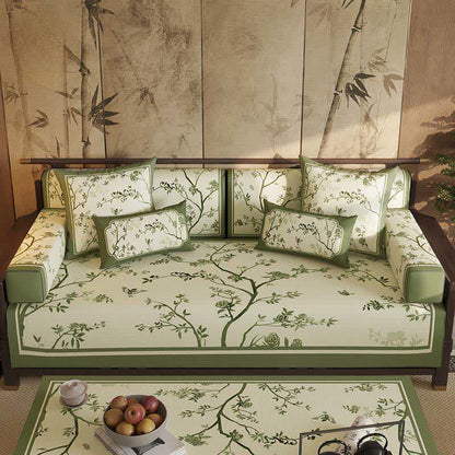 Housse de canapé vintage à motifs de branches vertes et de fleurs - protège-canapé - 110 cm x 280 cm - image 0