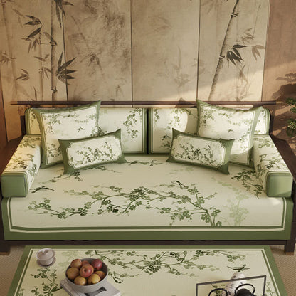 Housse de canapé vert vintage à motif de fleurs de prunier - protège-canapé - 110 cm x 280 cm - image 0