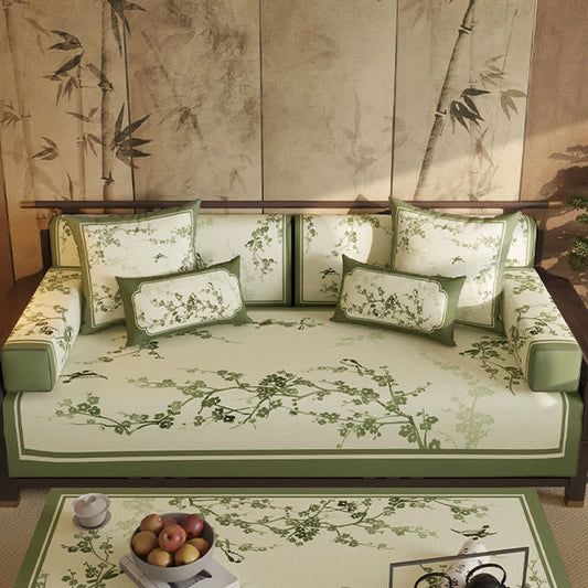 Housse de canapé vert vintage à motif de fleurs de prunier - protège-canapé - 110 cm x 280 cm - image 0