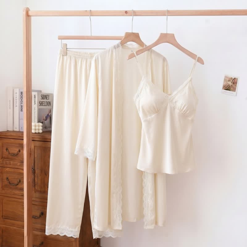 Ensemble de détente élégant avec bordure en dentelle soyeuse (3 pièces) - Beige - XL - image 6