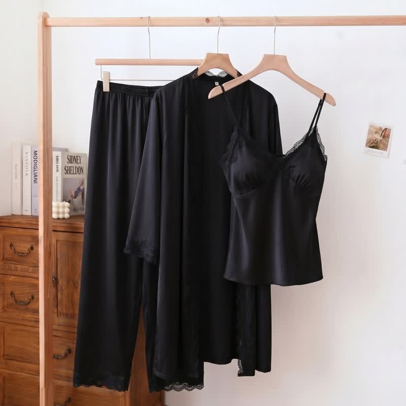 Ensemble de détente élégant avec bordure en dentelle soyeuse (3 pièces) - Noir - XL - image 3