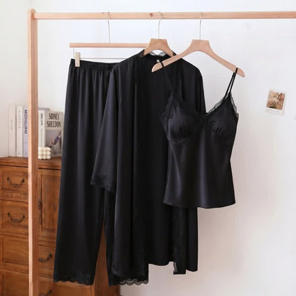Ensemble de détente élégant avec bordure en dentelle soyeuse (3 pièces) - Noir - XL - image 3