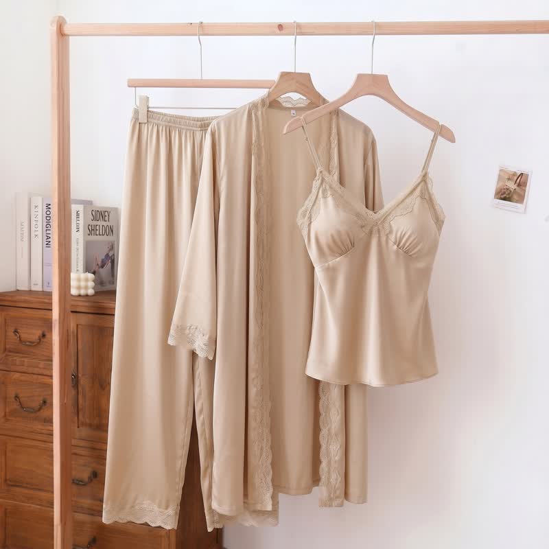 Ensemble de détente élégant avec bordure en dentelle soyeuse (3 pièces) - Vin pétillant - XL - image 9