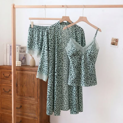 Ensemble short et peignoir à imprimé léopard avec bordure en dentelle - Bleu - 2XL - image 0