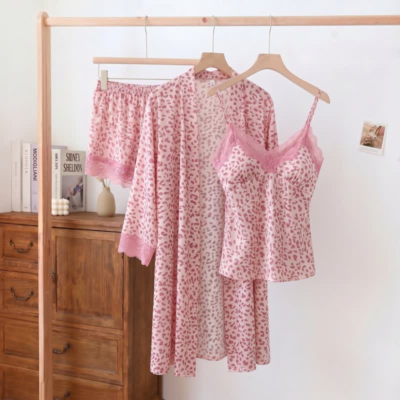 Ensemble short et peignoir à imprimé léopard avec bordure en dentelle - Rose - 2XL - image 8