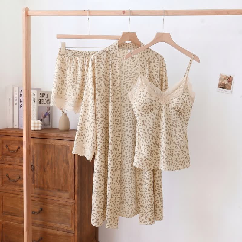Ensemble short et peignoir à imprimé léopard avec bordure en dentelle - Beige - 2XL - image 9