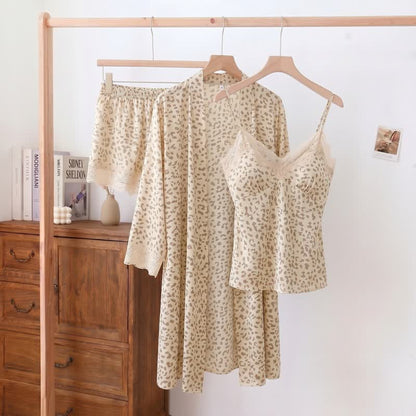 Ensemble short et peignoir à imprimé léopard avec bordure en dentelle - Beige - 2XL - image 9