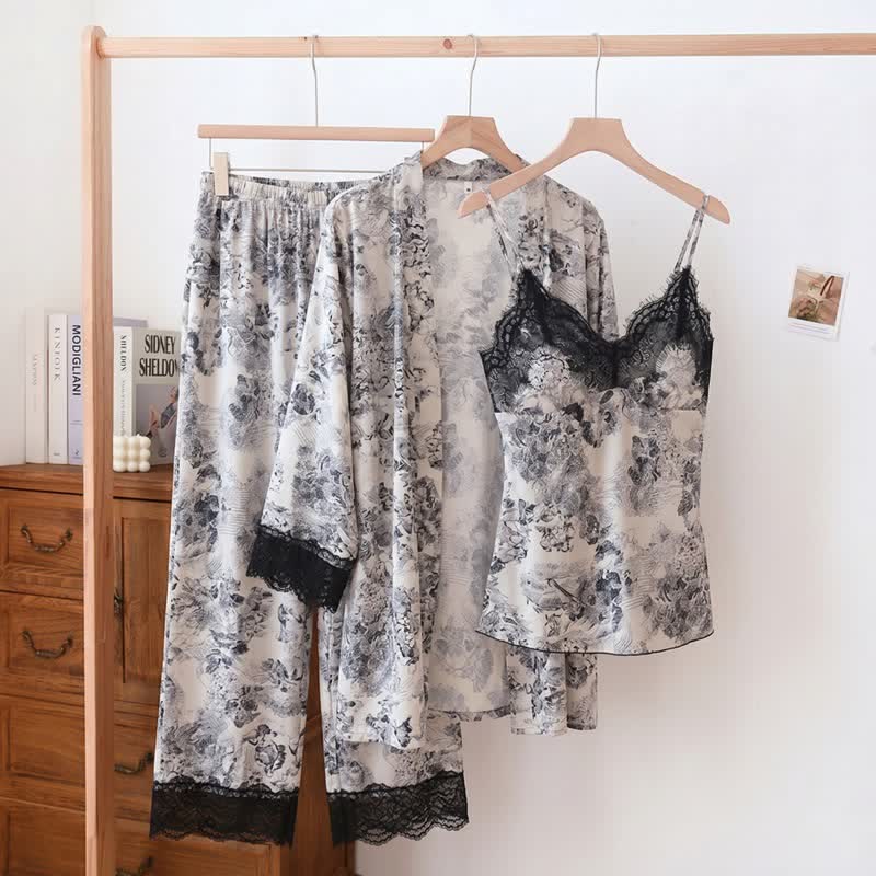 Ensemble peignoir et débardeur noir élégant à motif floral et dentelle (3 pièces) - Blanc - XL - image 0