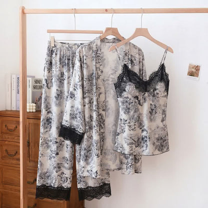 Ensemble peignoir et débardeur noir élégant à motif floral et dentelle (3 pièces) - Blanc - XL - image 0