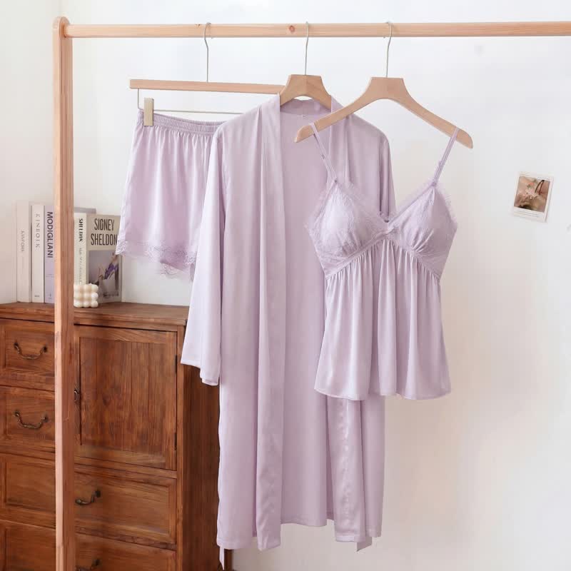 Ensemble de vêtements d'intérieur élégant avec bordure en dentelle - Violet - Débardeur, short et peignoir - XXL - image 16