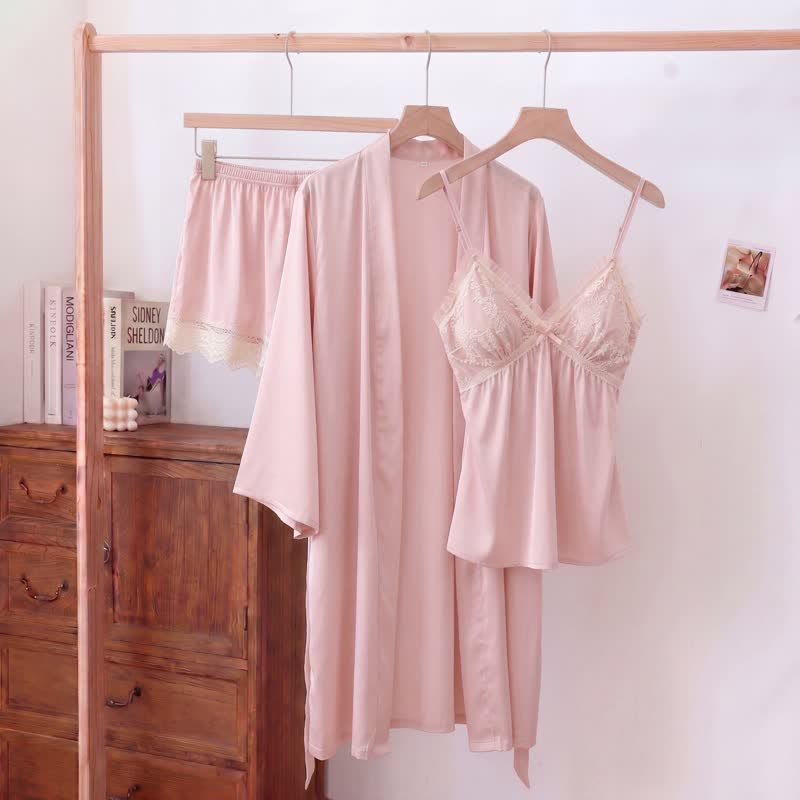 Ensemble de vêtements d'intérieur élégant avec bordure en dentelle - Rose - Débardeur, short et peignoir - XXL - image 12