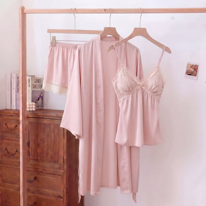 Ensemble de vêtements d'intérieur élégant avec bordure en dentelle - Rose - Débardeur, short et peignoir - XXL - image 12