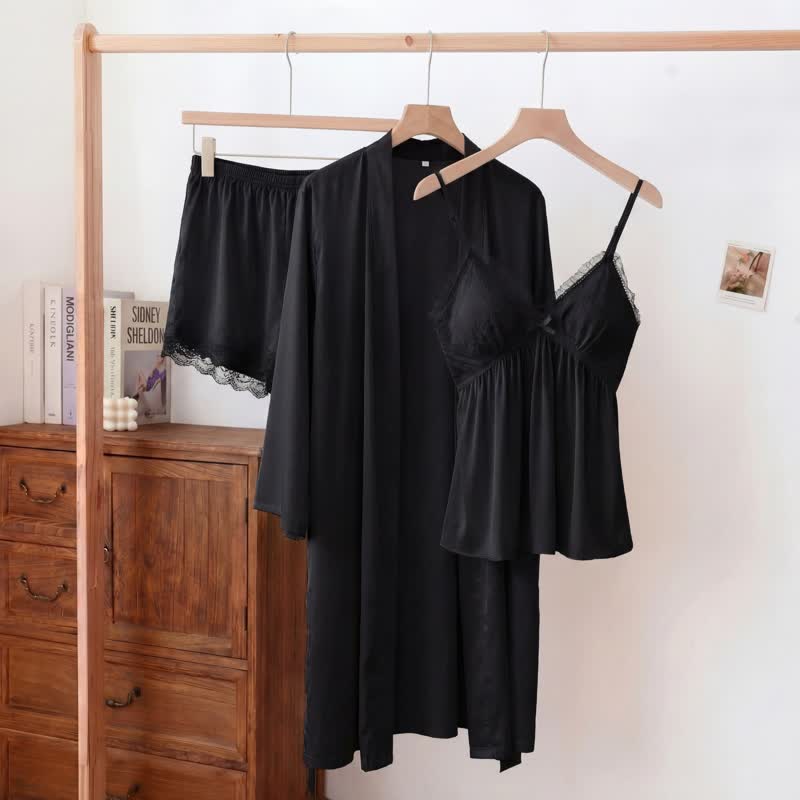 Ensemble de vêtements d'intérieur élégant avec bordure en dentelle - Noir - Débardeur, short et peignoir - XXL - image 6