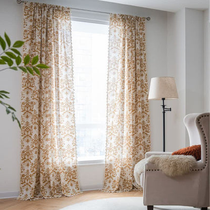 Rideau vintage à motifs jaunes et à pompons - œillet - 150 cm x 300 cm - image 0