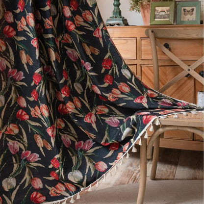Rideau à motif tulipe, style jacquard et pompons - image 2