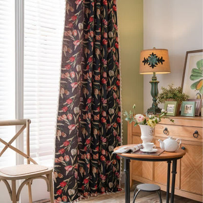 Rideau à motif tulipe, style jacquard et pompons - image 1