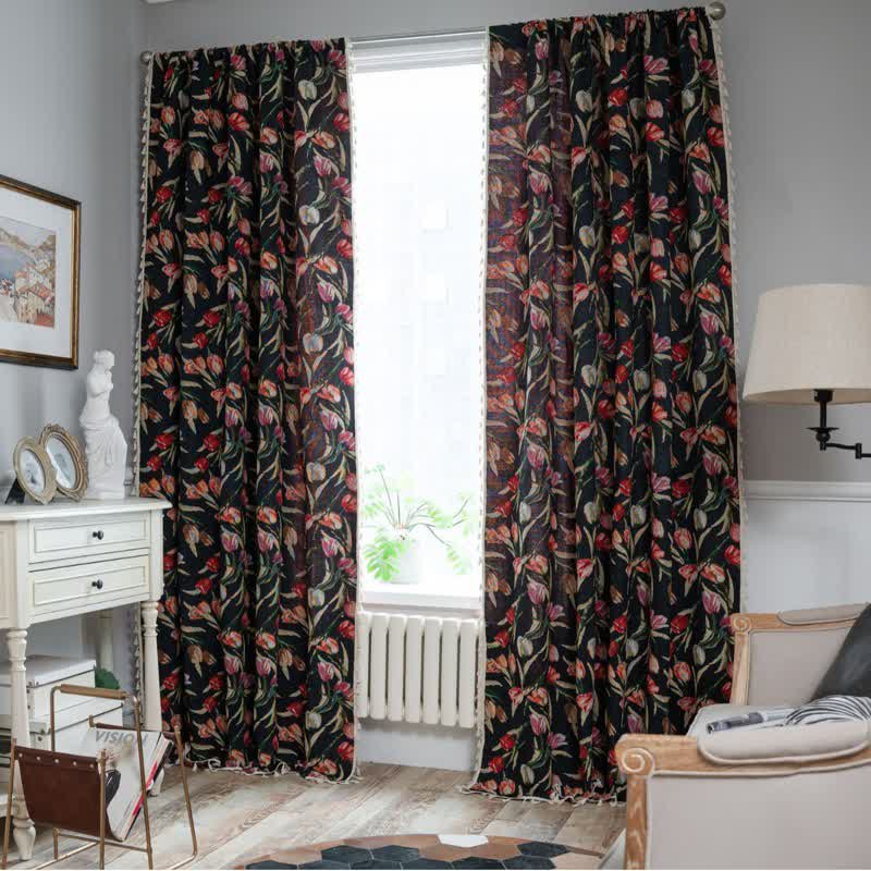 Rideau à motif tulipe, style jacquard et pompons - œillet - 150 cm x 300 cm - image 0