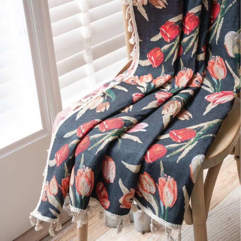 Rideau à motif tulipe, style jacquard et pompons - image 3