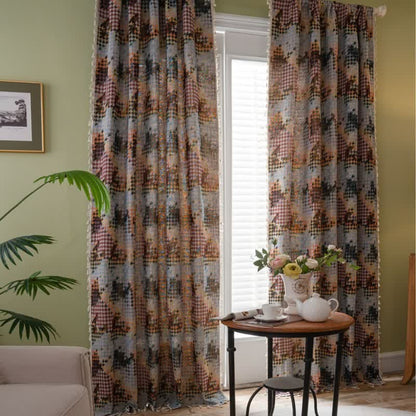 Rideau jacquard pied-de-poule coloré avec pompon - œillet - 150 cm x 300 cm - image 0