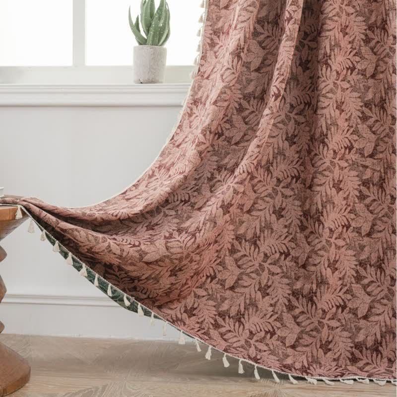 Rideau vintage à motif jacquard de feuilles et à pompons - Rouge - œillet - 150 cm x 300 cm - image 1