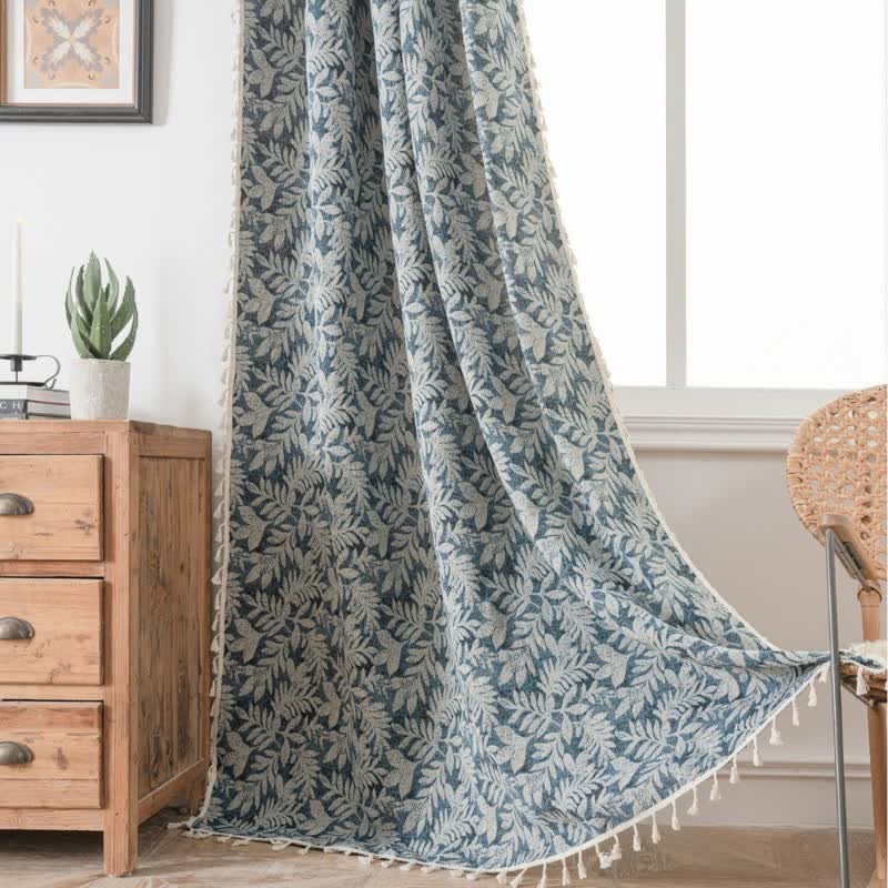 Rideau vintage à motif jacquard de feuilles et à pompons - Bleu - œillet - 150 cm x 300 cm - image 4