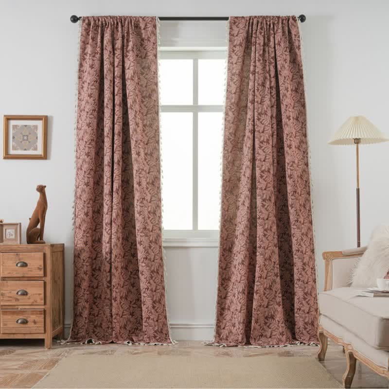 Rideau vintage à motif jacquard de feuilles et à pompons - image 0