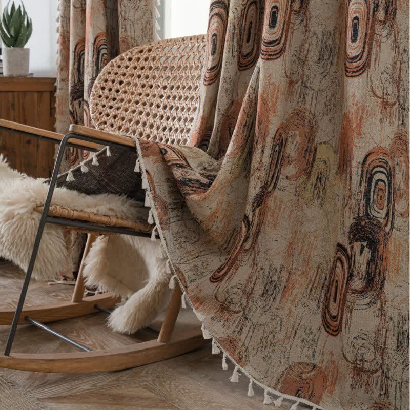Rideau jacquard à motif d'anneaux d'arbre et à pompons - image 2