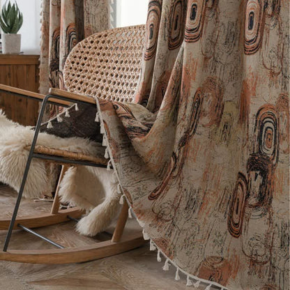 Rideau jacquard à motif d'anneaux d'arbre et à pompons - image 2