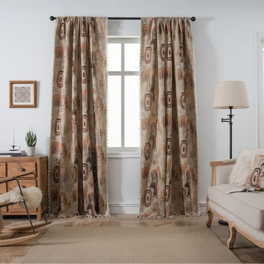 Rideau jacquard à motif d'anneaux d'arbre et à pompons - œillet - 150 cm x 300 cm - image 0