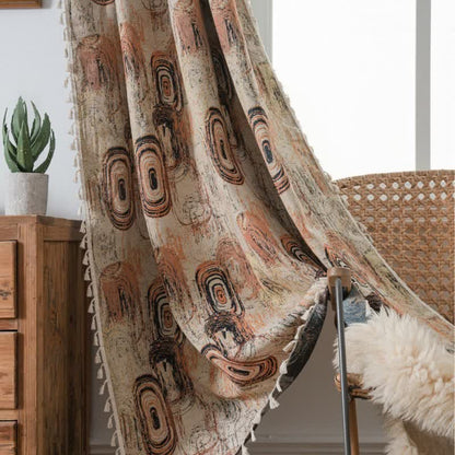 Rideau jacquard à motif d'anneaux d'arbre et à pompons - image 1