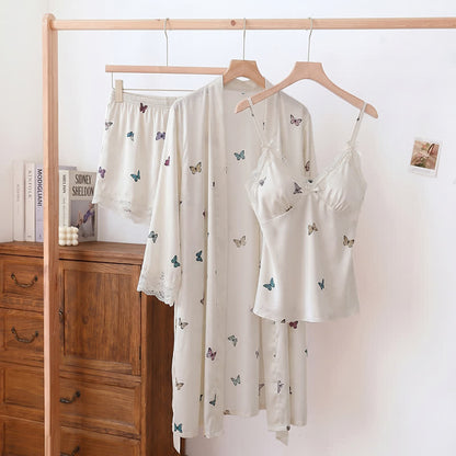 Ensemble pyjama avec bordure en dentelle papillon - Beige - Débardeur, short et peignoir - XL - image 0