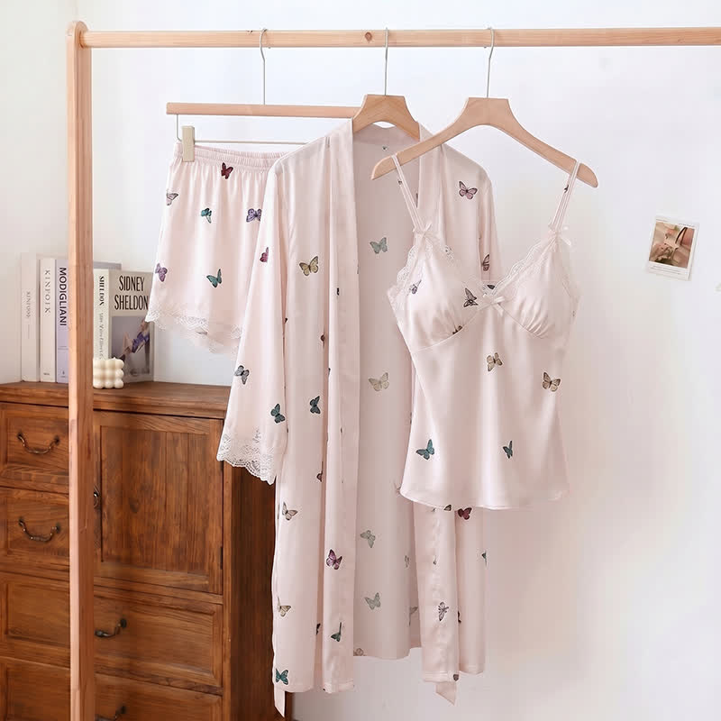 Ensemble pyjama avec bordure en dentelle papillon - Rose - Débardeur, short et peignoir - XL - image 5