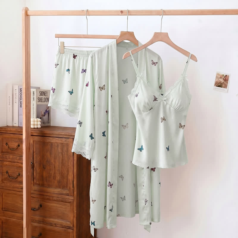 Ensemble pyjama avec bordure en dentelle papillon - Vert - Débardeur, short et peignoir - XL - image 10