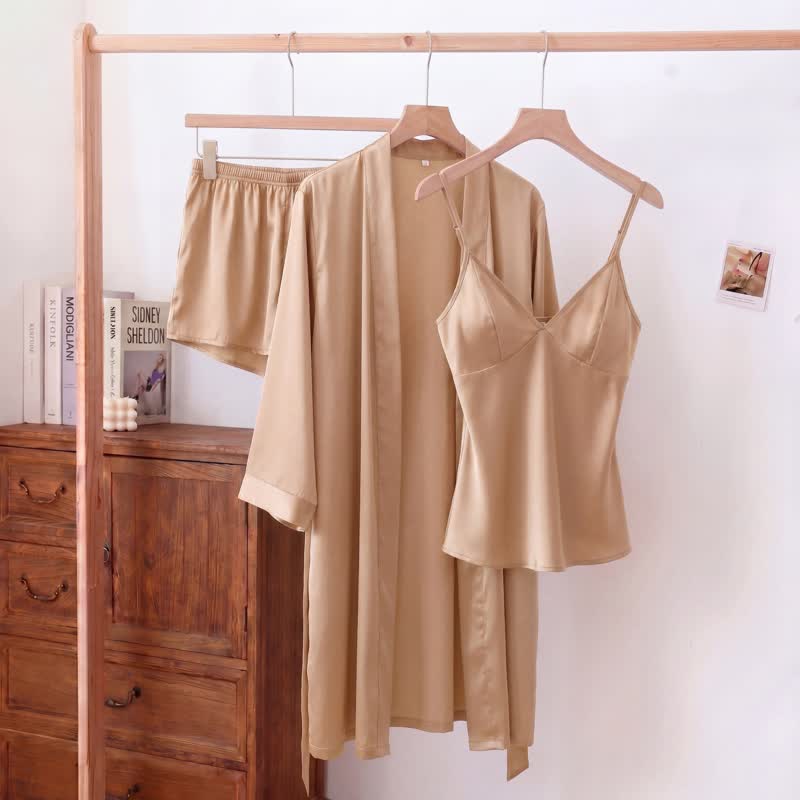 Ensemble pyjama débardeur en soie uni (3 pièces) - Vin pétillant - XL - image 0