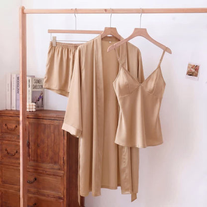 Ensemble pyjama débardeur en soie uni (3 pièces) - Vin pétillant - XL - image 0