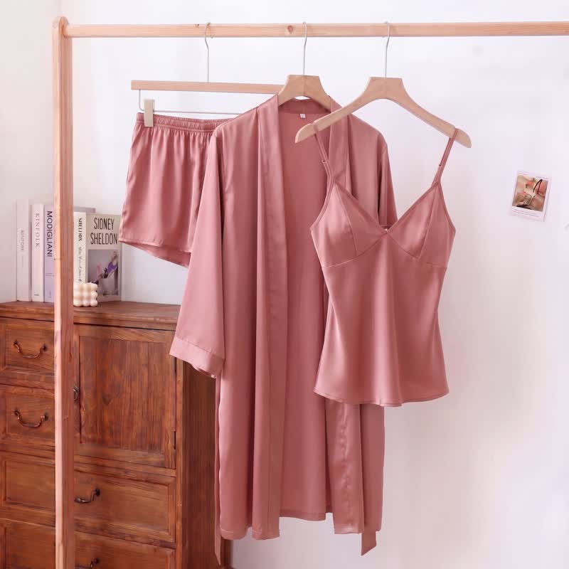 Ensemble pyjama débardeur en soie uni (3 pièces) - rose - XL - image 3