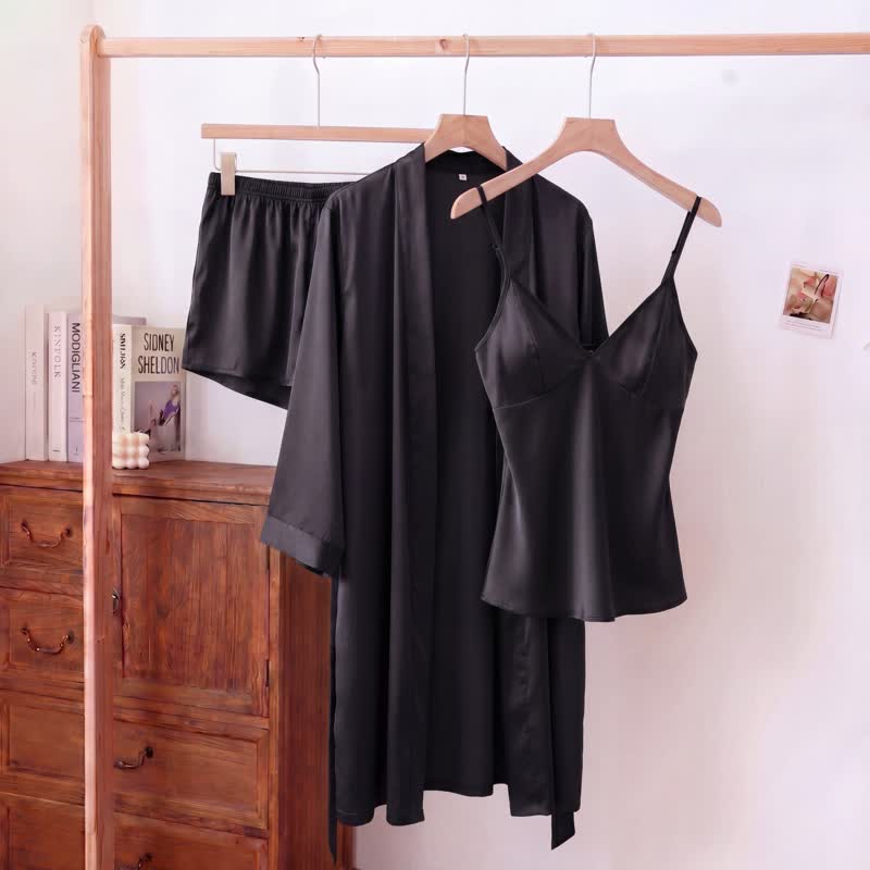 Ensemble pyjama débardeur en soie uni (3 pièces) - Noir - XL - image 8