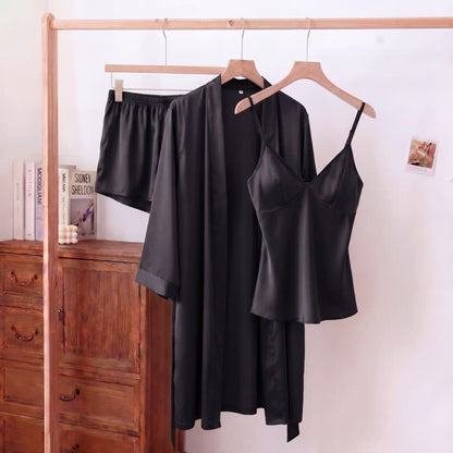 Ensemble pyjama débardeur en soie uni (3 pièces) - Noir - XL - image 8