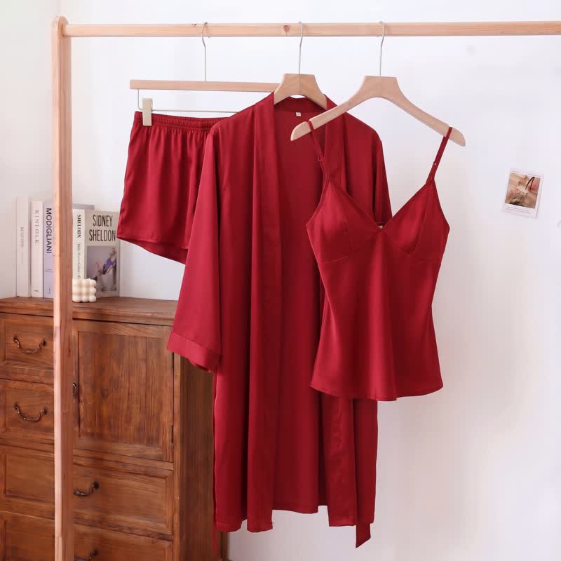 Ensemble pyjama débardeur en soie uni (3 pièces) - Vin - XL - image 6