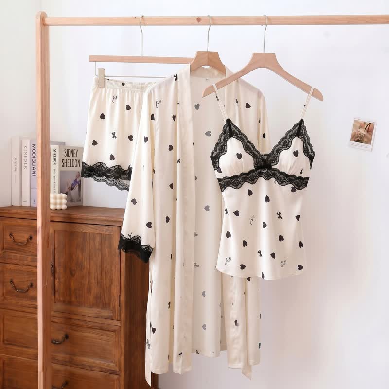 Ensemble pyjama avec bordure en dentelle à cœur et nœud (3 pièces) - Blanc - XL - image 0