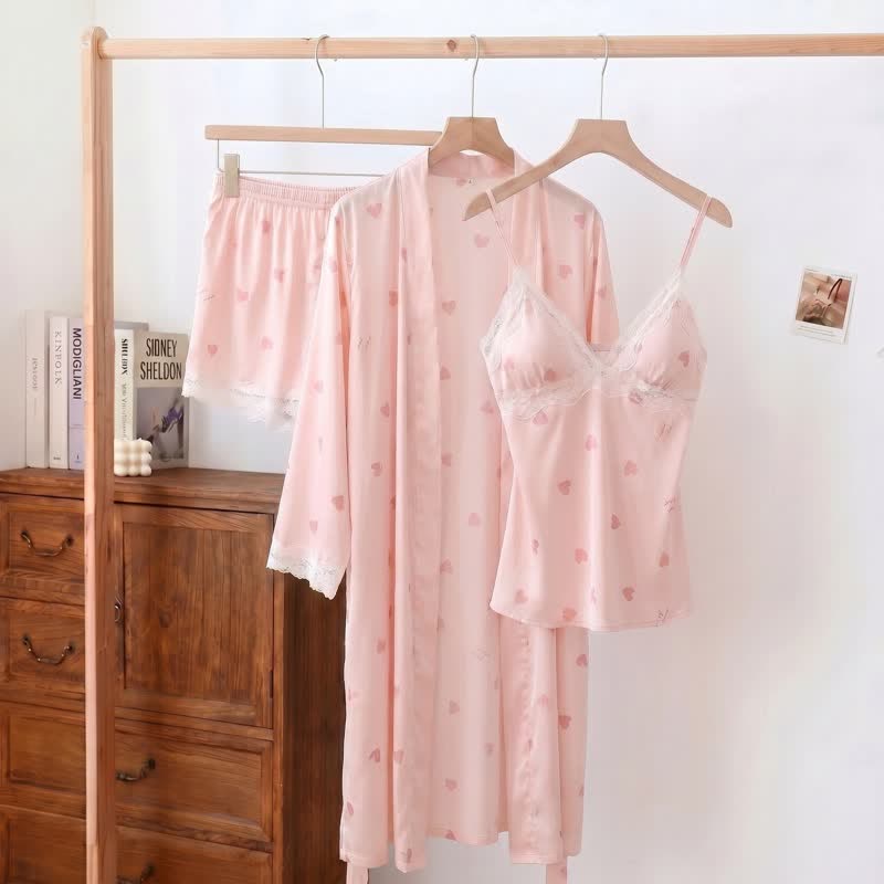 Ensemble pyjama avec bordure en dentelle à cœur et nœud (3 pièces) - Rose - XL - image 1
