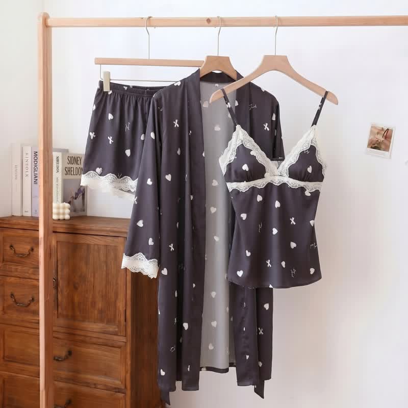 Ensemble pyjama avec bordure en dentelle à cœur et nœud (3 pièces) - Noir - XL - image 2