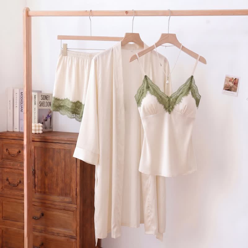Ensemble pyjama avec col en V uni et bordure en dentelle (3 pièces) - Blanc - XL - image 4