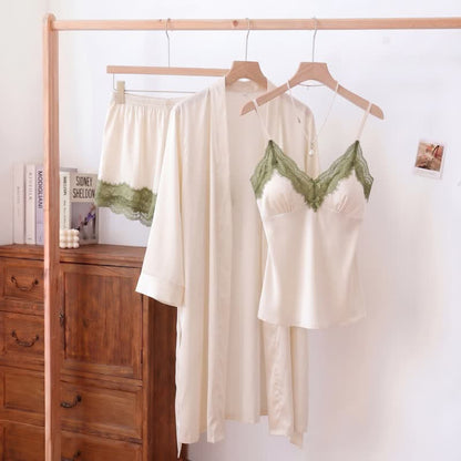 Ensemble pyjama avec col en V uni et bordure en dentelle (3 pièces) - Blanc - XL - image 4