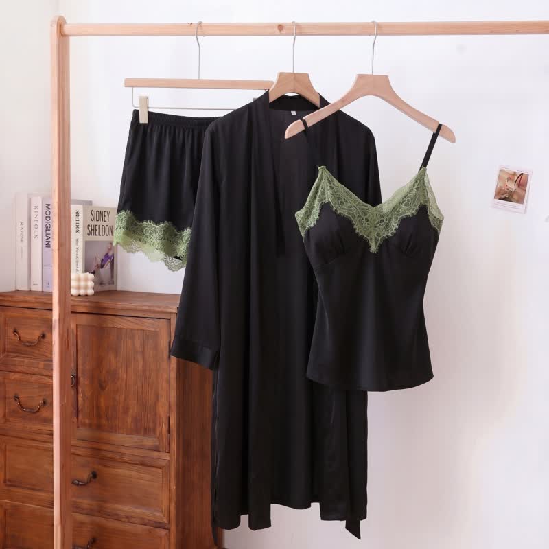Ensemble pyjama avec col en V uni et bordure en dentelle (3 pièces) - Noir - XL - image 0