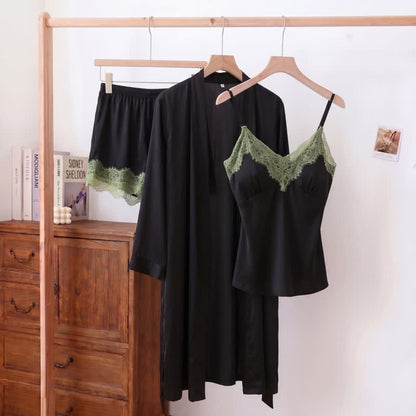 Ensemble pyjama avec col en V uni et bordure en dentelle (3 pièces) - Noir - XL - image 0