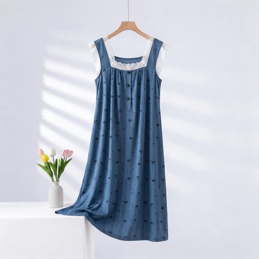 Chemise de nuit sans manches en dentelle de coton rayée et fleurie - Bleu - 2XL - image 0