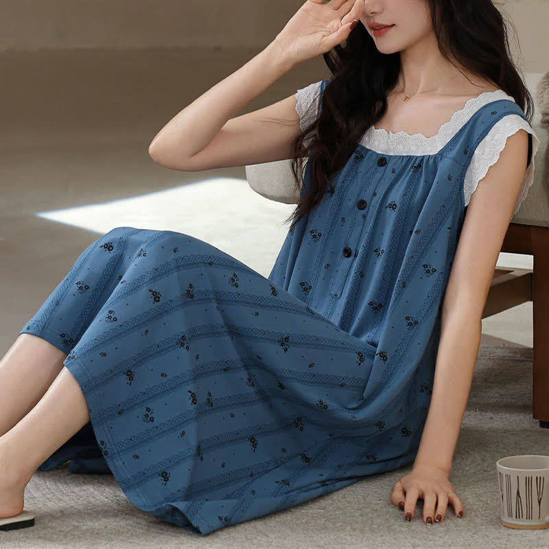 Chemise de nuit sans manches en dentelle de coton rayée et fleurie - image 2